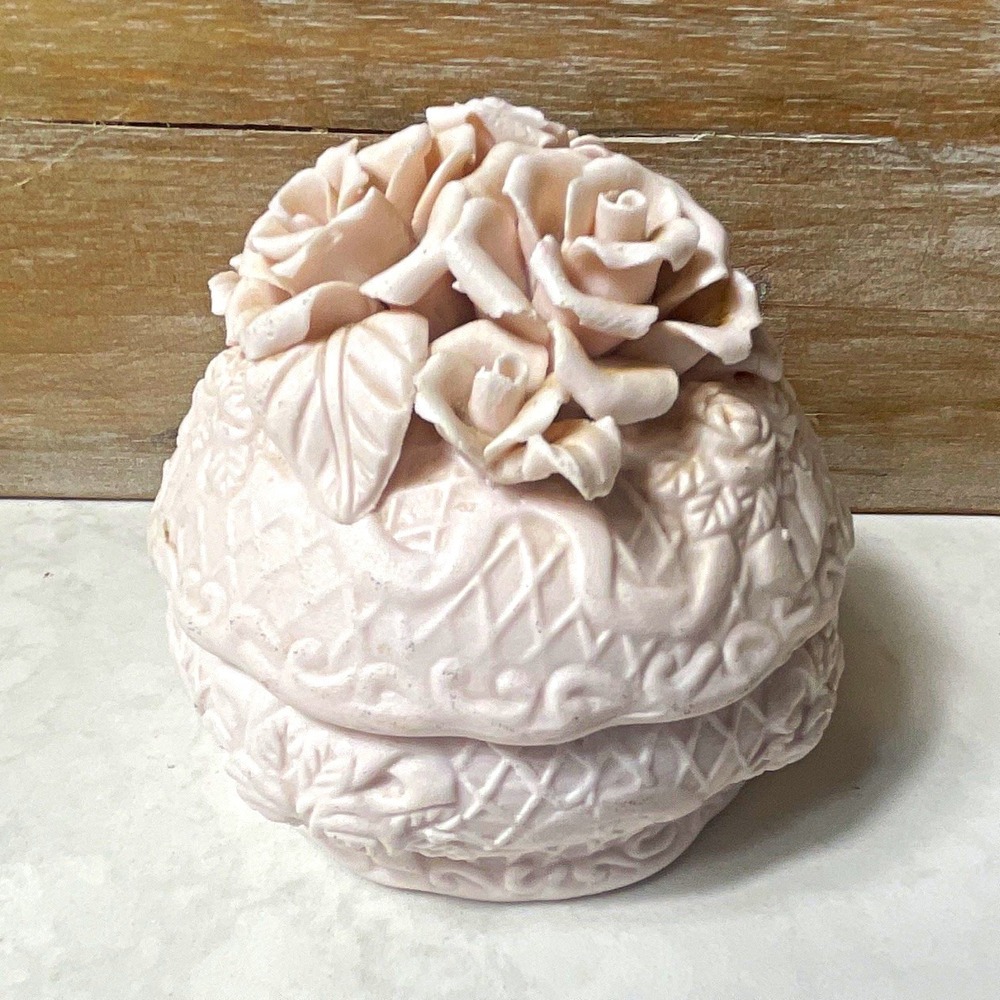 Pink Ceramic Rose Floral Lidded Trinket Box Made in China Vintage Style